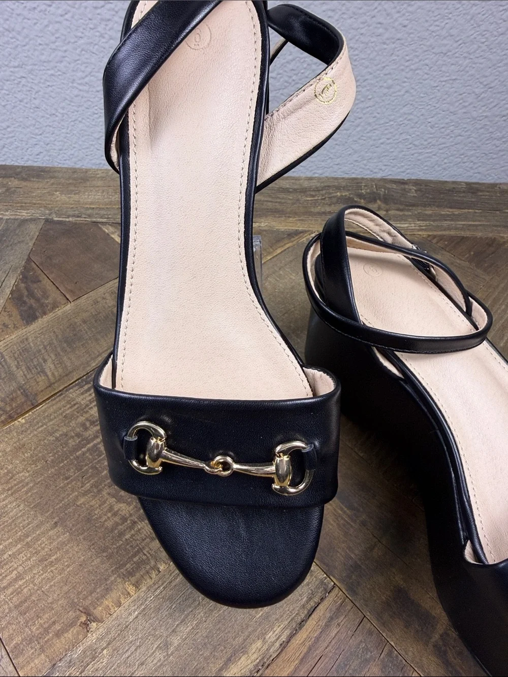 Size 6 ZBY Black Platform Sandals with Gold Bit Accent